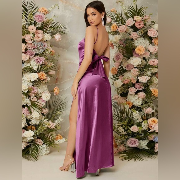 SHEIN | Dresses | Shein Belle Purple Satin Split Thigh Bridesmaid Dress ...